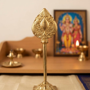 5-inch Vel with Stand Panchaloha Idol crafted in traditional South Indian devotional style Represents the sacred Vel of Lord Murugan mounted on a decorative stand for pooja room display